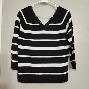 Apostrophe Rayon Nylon Stripe Knit Top Women's XL V-Neck 3/4 Sleeve